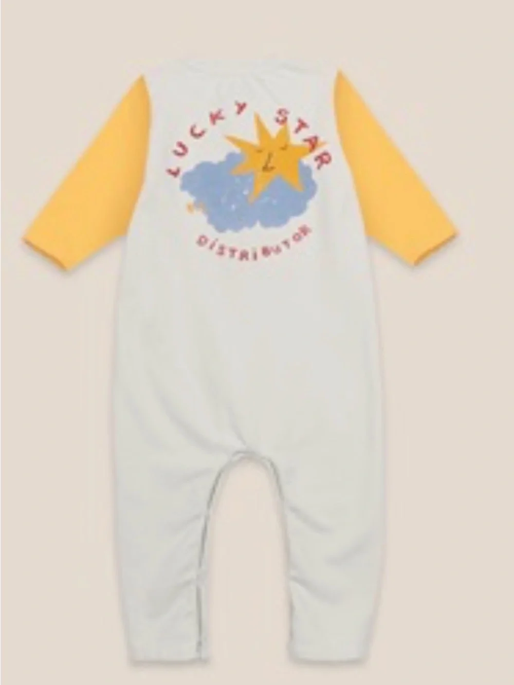 Bobo Choses Cream Footie with Yellow Sleeves and Chest Patch